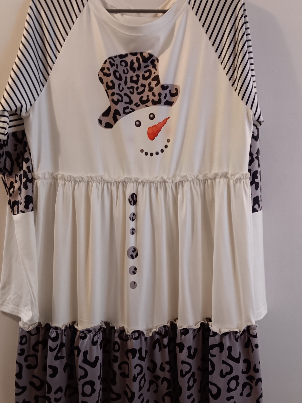 Boutique Womens Snowman Ruffled Dress - White with Leopard Print